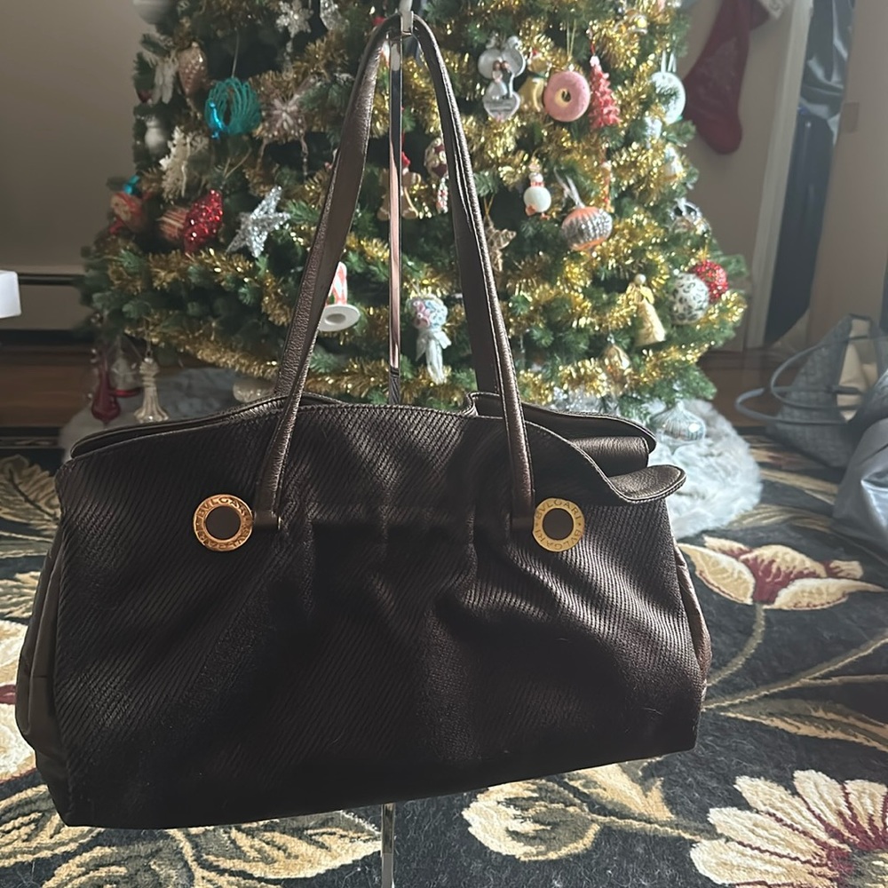 BVLGARI Tote Bag Twist Shoulder Bag Brown (Dark Brown)/Kappa Canvas/Leather